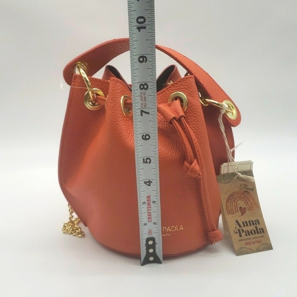 1492- Ana Paola Italian Genuine Leather Bucket Bag Orange NWT - Picture 8 of 9